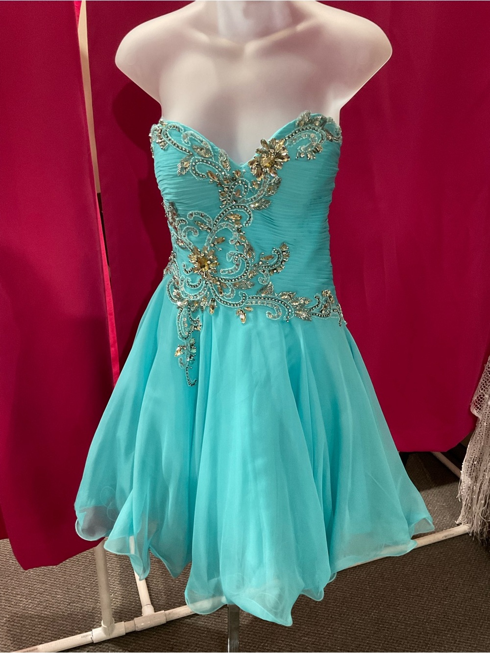 Turquoise Strapless Party Dress with Embellishment